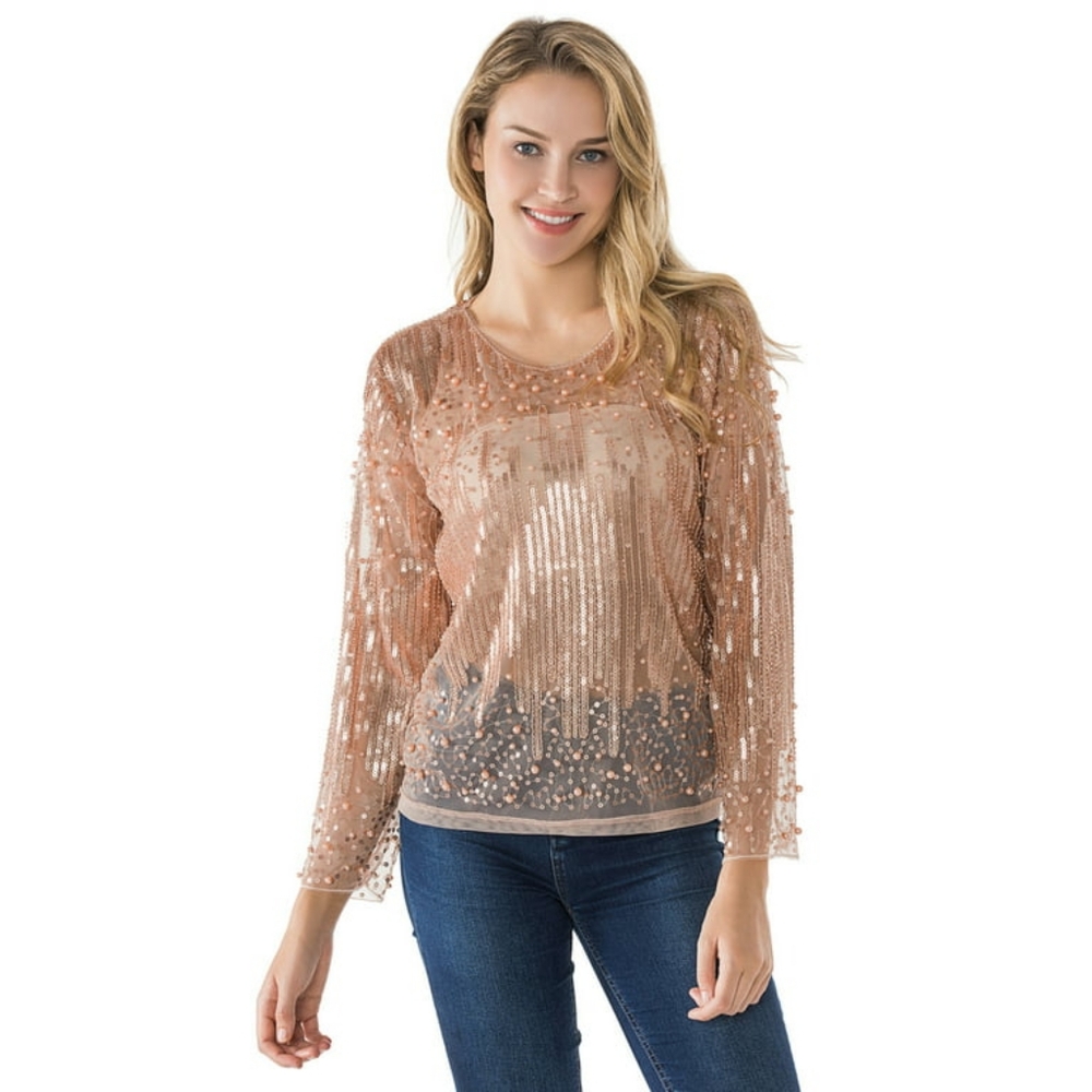 Blush Sequin & Pearl Mesh Long Sleeve Top